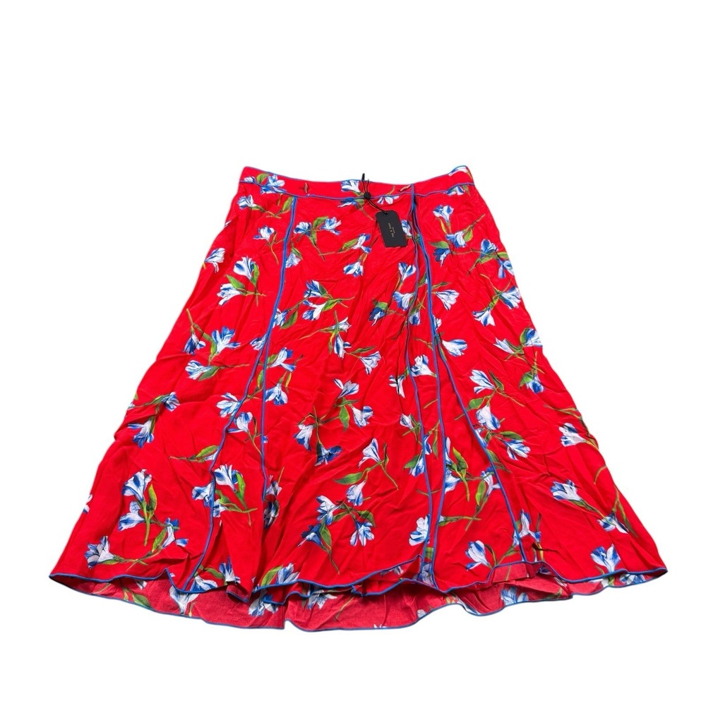 Rag & Bone Hugo Red Floral Viscose Midi Skirt Blue Piping WAW19FB008NC08 Size 10